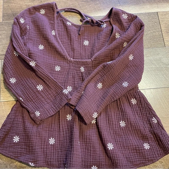 Madewell Flower Flirty Gauzy Peasant Maroon Flowers Long Sleeve Blouse UUU - Picture 2 of 3